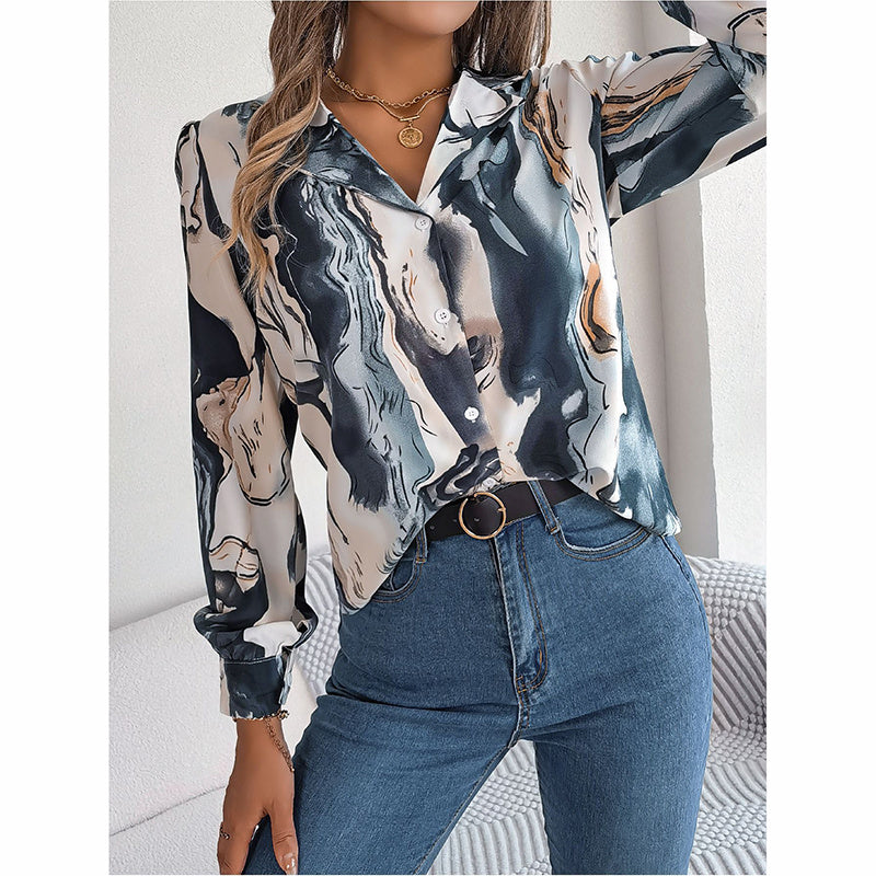Women Fashion Button Down Shirts V Neck Printed Long Sleeve Blouses Dressy Casual Fall Tops