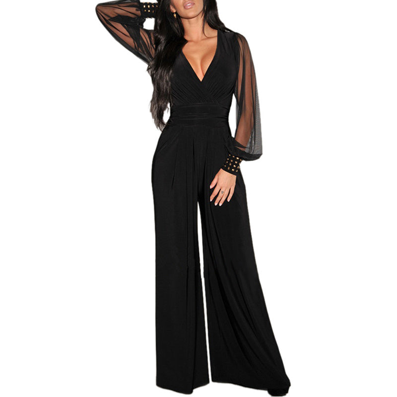 Women's Elegant V Neck Mesh Long Sleeve Loose Wide Leg Romper Party Jumpsuits With Rivet Cuffs