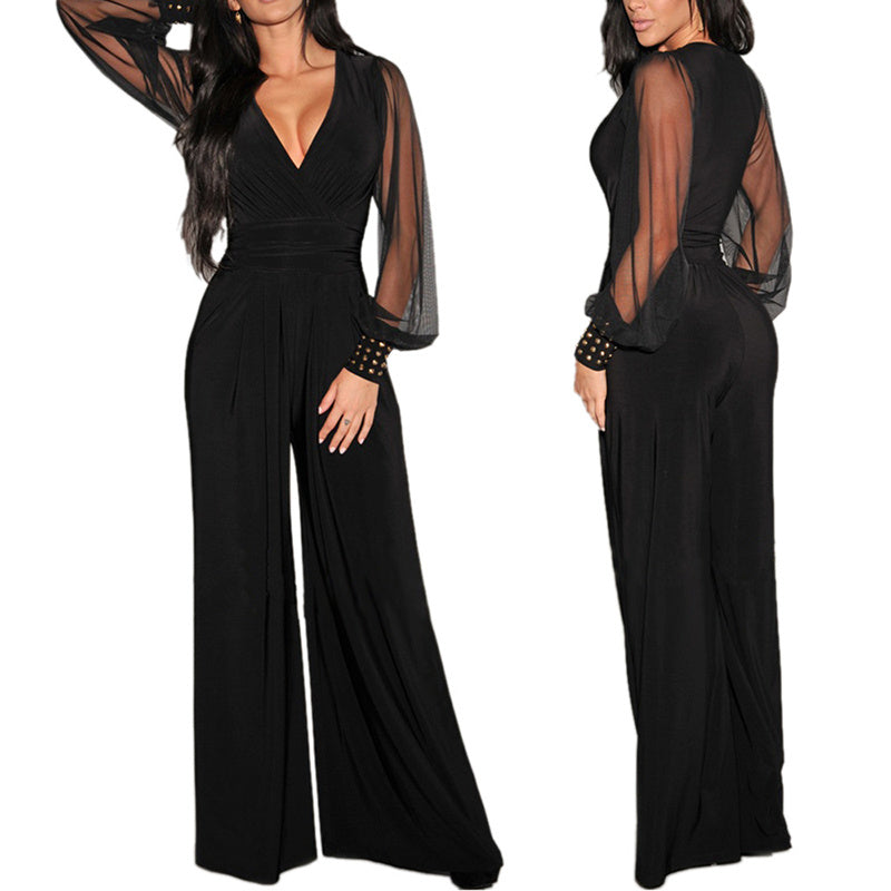Women's Elegant V Neck Mesh Long Sleeve Loose Wide Leg Romper Party Jumpsuits With Rivet Cuffs