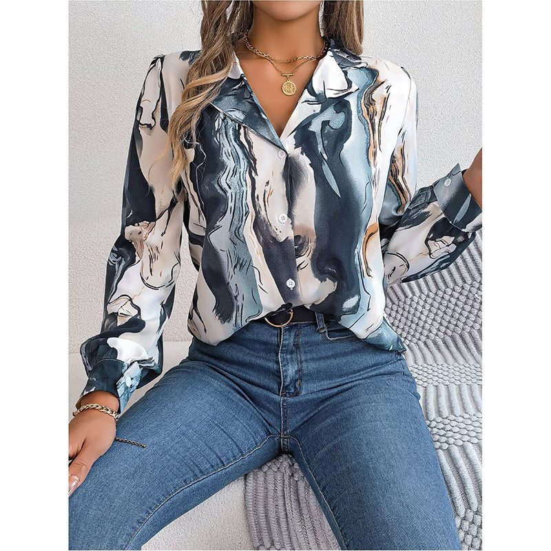 Women Fashion Button Down Shirts V Neck Printed Long Sleeve Blouses Dressy Casual Fall Tops