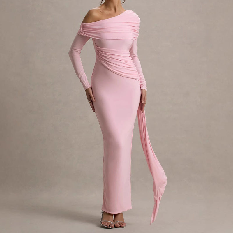 Women's Elegant One-Shoulder Ruffle Dress, Long Sleeve Bodycon Gown With Flowing Ribbon For Spring And Fall