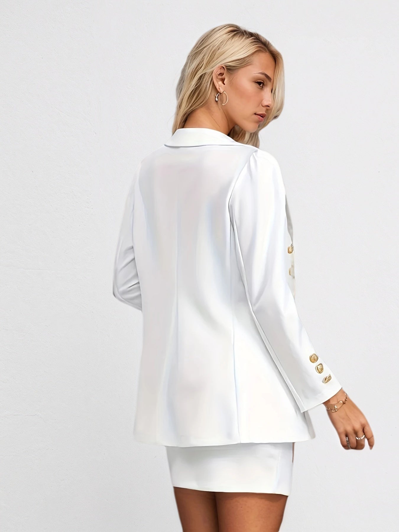 New Pure White Long Sleeved Skirt Set, Lapel Suit Jacket&solid Color Skirt, Double Breasted Closure, Comfortable And Casual, Noble And Elegant