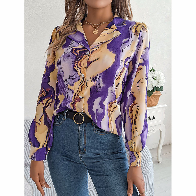 Women Fashion Button Down Shirts V Neck Printed Long Sleeve Blouses Dressy Casual Fall Tops