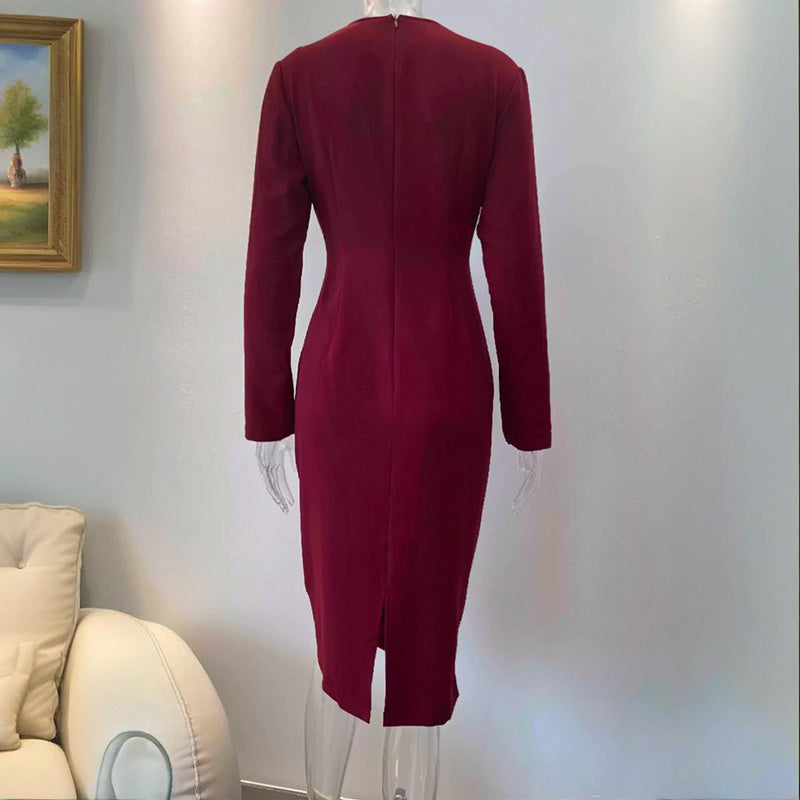 Women's Elegant V-Neck Wrap Dress Long Sleeve Button Front Midi Dress With Hidden Zipper & Slit Hem For Office