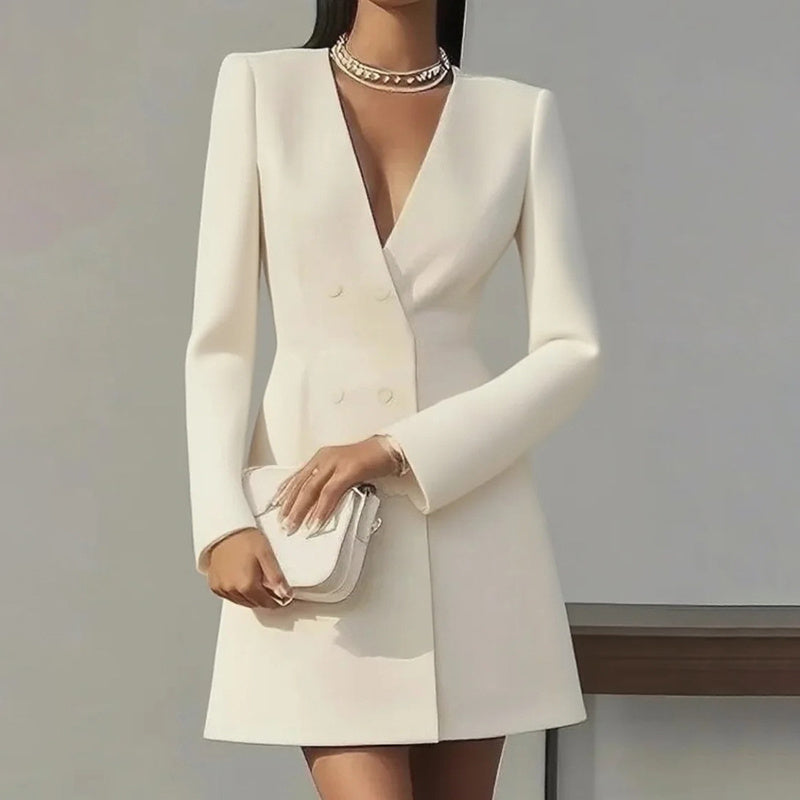 Women's Solid Color Deep V-Neck Dress Button Front A-Line Midi Dress For Formal Occasions