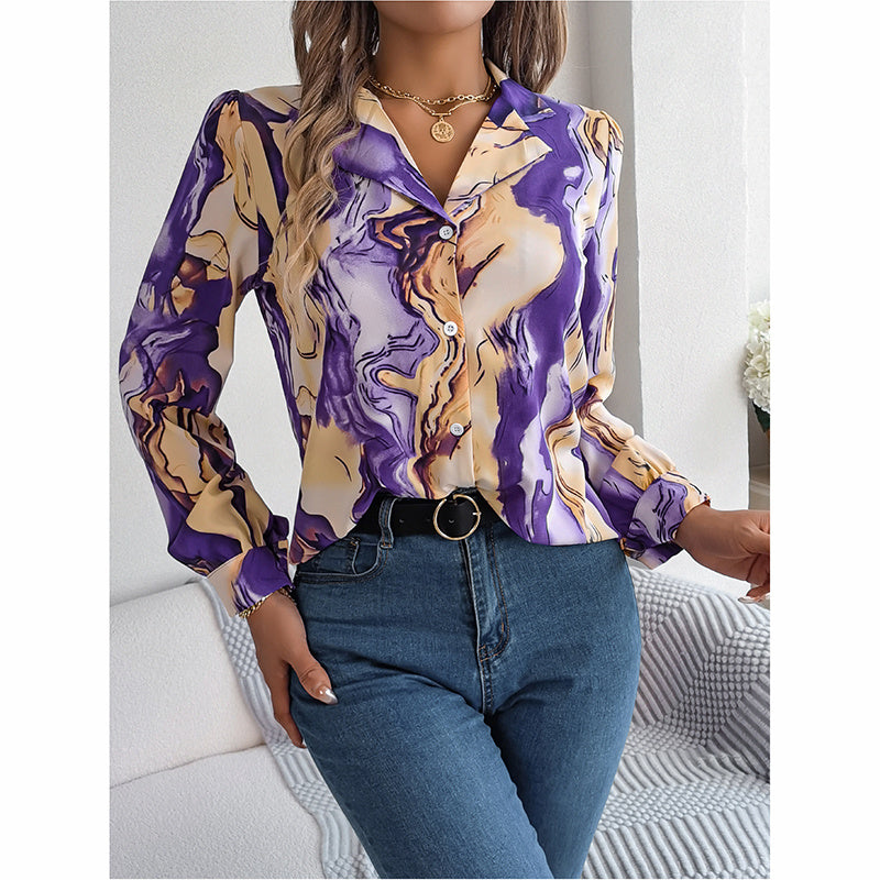 Women Fashion Button Down Shirts V Neck Printed Long Sleeve Blouses Dressy Casual Fall Tops