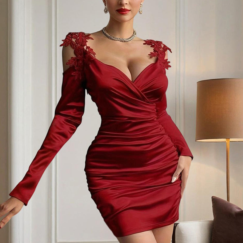 Women's Elegant V-Neck Long Sleeve Lace Sheath Dress - Off Shoulder, Backless, Slim-Fitting Satin Evening Gown With Ruffled Detail