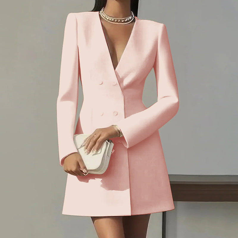 Women's Solid Color Deep V-Neck Dress Button Front A-Line Midi Dress For Formal Occasions